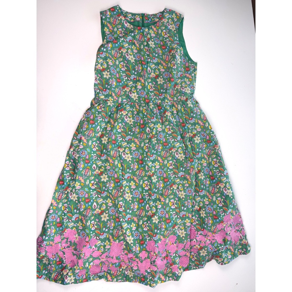 Boden Green Floral Summer Sleeveless Midi Dress Pink Embroidered Hem Womens 10 - Picture 2 of 12